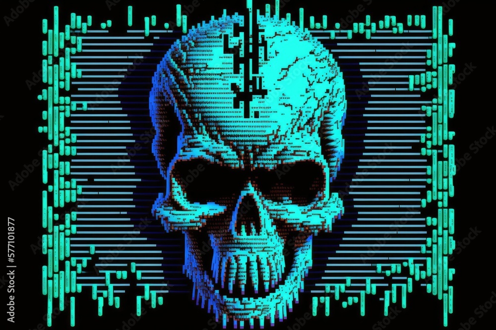 Poster malicious software or a computer virus is represented by code on a screen with a skull. generative a