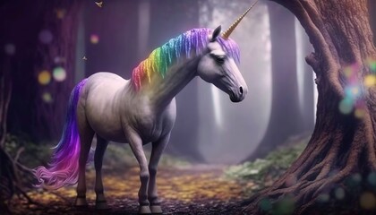Naklejka na ściany i meble a unicorn standing in the middle of a forest with a rainbow mane on it's head and a butterfly flying over its head, with a tree trunk in the foreground. generative ai