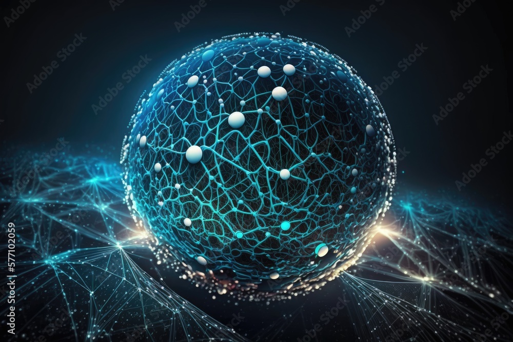 Poster lines and dots form a sphere to represent data in this abstract art piece depicting a network. imagi
