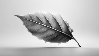  a single leaf is shown on a white surface with a gray background and a black and white image of a single leaf is shown on a white background.  generative ai