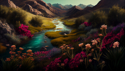 An image of a verdant valley dotted with colorful flowers and plants generative AI