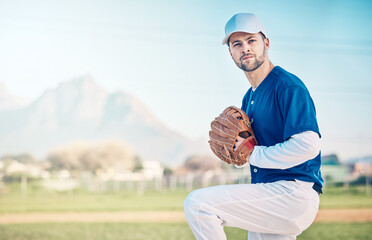 Sports athlete, baseball field and man focus on competition mock up, practice match or pitcher...