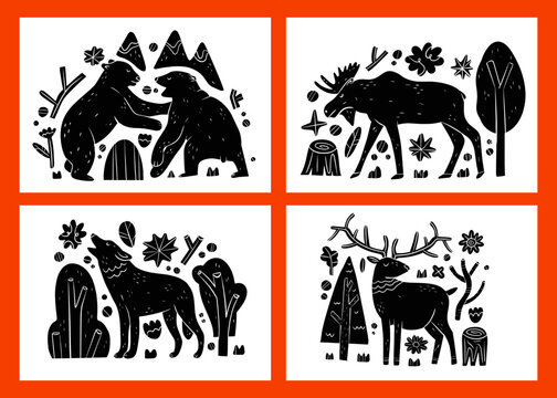 Set Of Black Silhouette Wild Forest Steppe Animals. Vector Illustration Isolated On White, Side View Profile. Collection Woodland Animals. Bears, Elk, Deer, Wolf. Woodland Animal Characters 