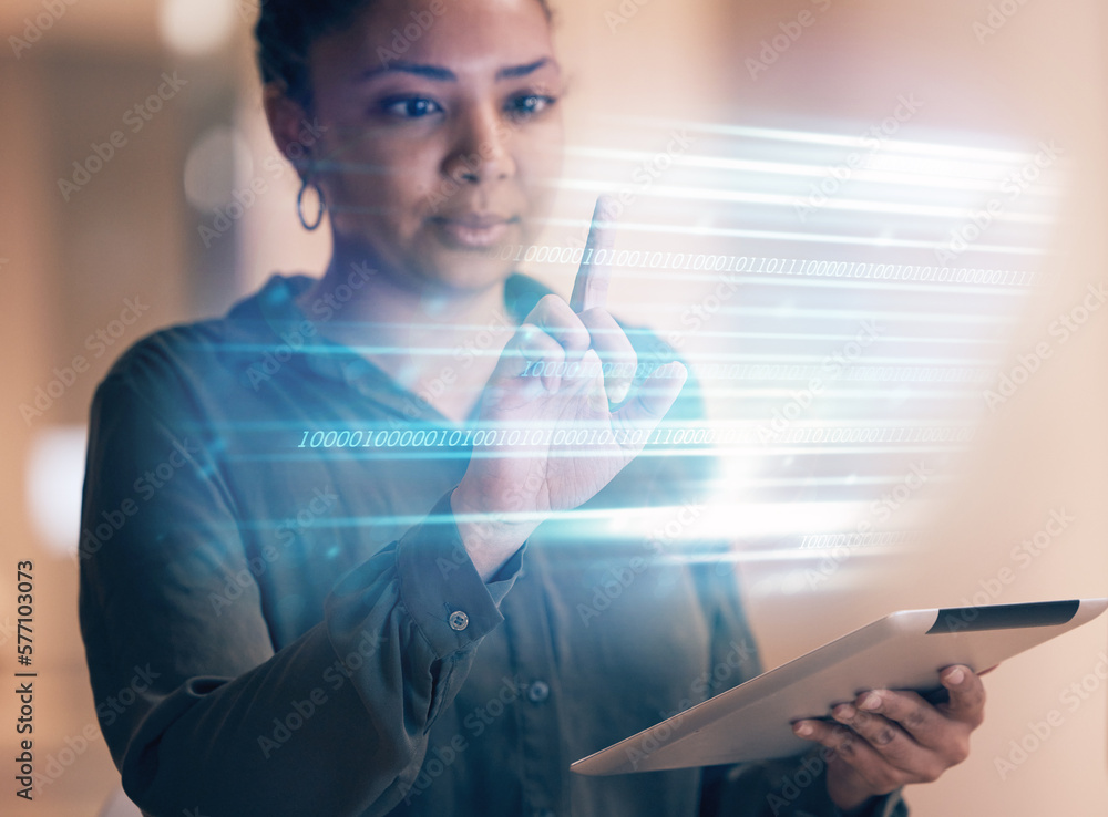 Aufkleber hologram screen, tablet and black woman with user interface for internet, cyber networking and onlin