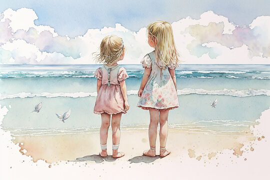 Two little girls standing on the beach looking at the ocean watercolor, Generative AI