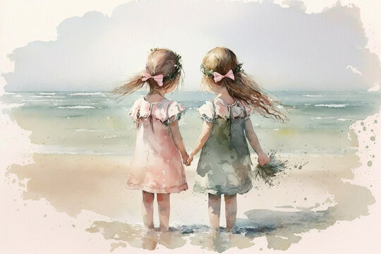 Two little girls standing in the water looking at the ocean holding hands watercolor, Generative AI
