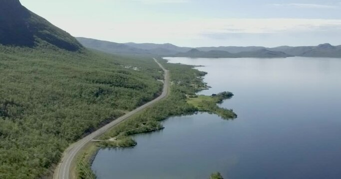 Aerial view at Kilpisj&auml;rvi, Lapland ,Finland and European route E8 that goes from Tromso, Norway to Turku, Finland in summer.