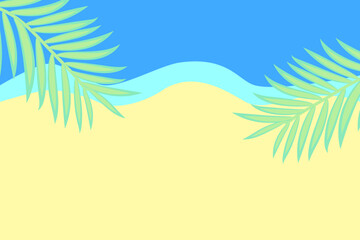 Fototapeta na wymiar sandy beach with blue sea and palm leaves, view from above. Vector template for text