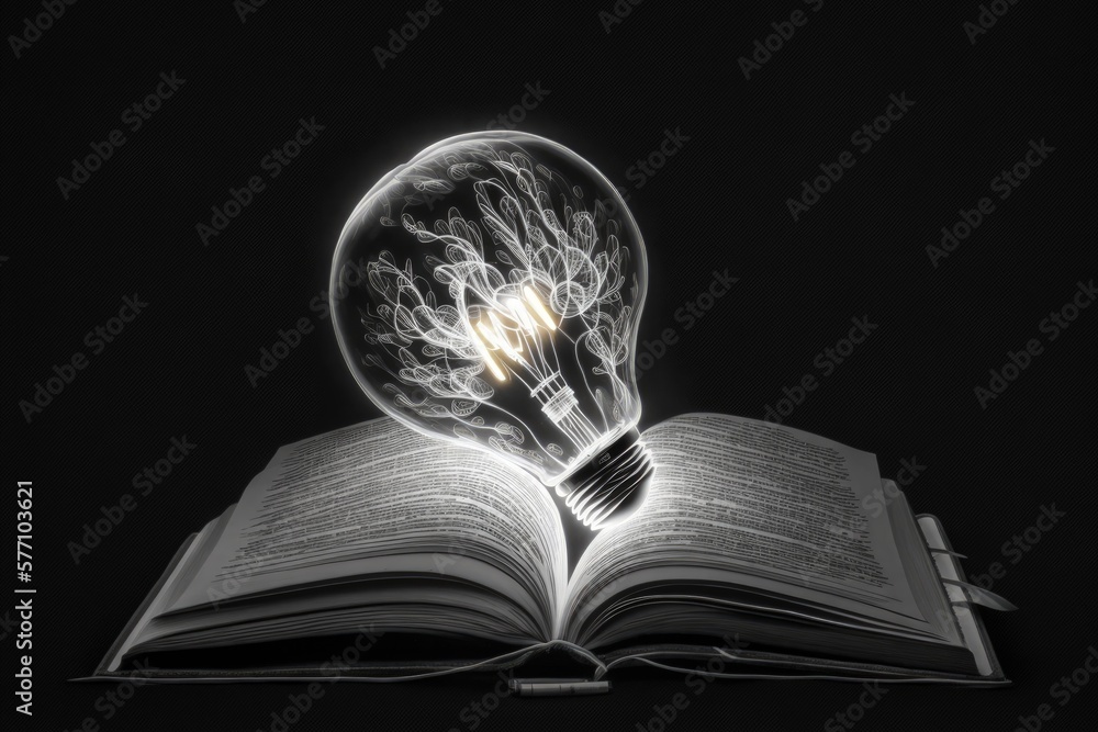 Poster a lightbulb illuminates a book against a black background to symbolize the emergence of new ideas in