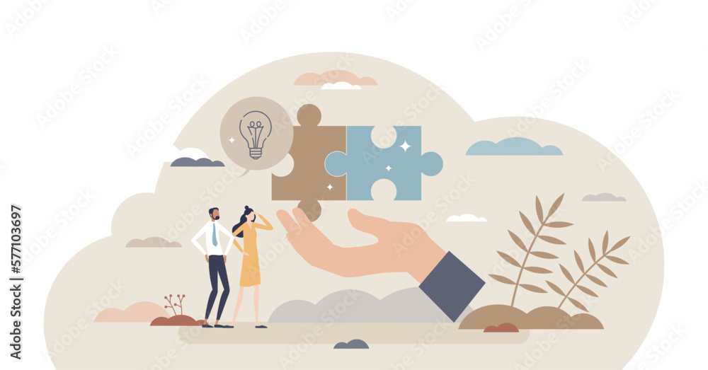 Poster giving solution and advice as business management support tiny person concept, transparent backgroun