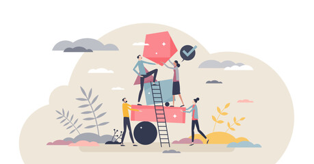 Diverse team as different geometrical shapes puzzle tiny person concept, transparent background.Colleague teamwork and partnership for effective business results illustration.