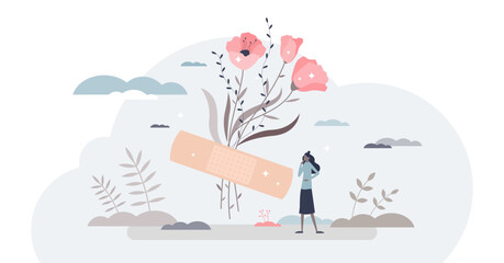 Emotional cure and psychological feeling treatment help tiny person concept, transparent background. Relationship problem or personal trouble solution with symbolic band aid on bouquet illustration.
