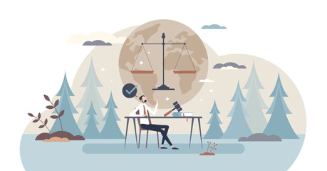 Environmental lawyer occupation to protect nature law tiny person concept, transparent background. Green rights and ecological justice for business and climate interests balance illustration.
