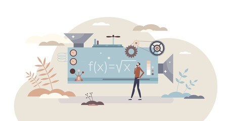 Functions as mathematical equation automatic solution tiny person concept, transparent background. Algebra calculations using geometry or science commands illustration.