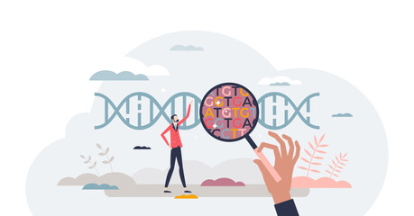 Genomics as DNA helix chain structure, function, mapping and evolution genomes scientific research tiny person concept, transparent background.