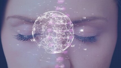 Animation of globe and data processing with dna strand over eyes of caucasian woman - Powered by Adobe
