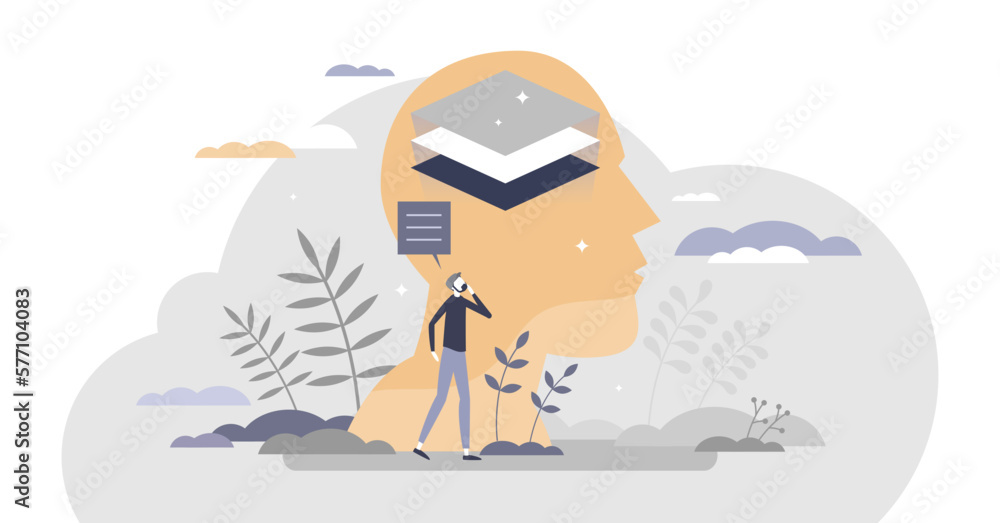 Poster thought layers in mind as multiple different thoughts tiny person concept, transparent background. a