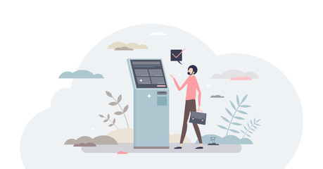 Self service checkout with ticket purchase desk stand tiny person concept, transparent background. Customer contactless payment and check in process at subway, airport or cinema illustration.