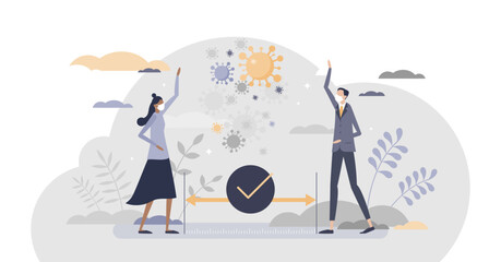 Social distancing space as covid transmission prevention tiny person concept, transparent background. Pandemic health safety protection.