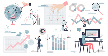 Fototapeta na wymiar Statistics and data interpretation with graphics tiny person collection set, transparent background. Elements with information visualization and financial forecasting charts bundle.