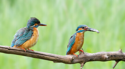 Common kingfisher, Alcedo atthis. The male brought the female fish as a gift