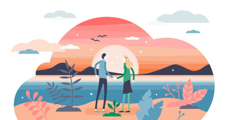 Romance sunset scene with a couple holding hands, flat tiny person illustration, transparent background. Male and female dating. Beautiful and sweet relationship concept with a colorful sky.