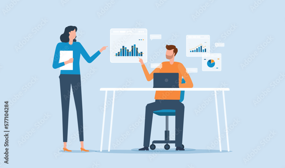 Poster flat vector business people team meeting for analytics and monitoring business graph report dashboar
