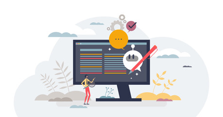 AI or artificial intelligence automatic story blog posts tiny person concept, transparent background. Robotic writing news publish and article creation.