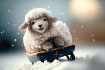 Adorable little sheep having fun sledding in the snowy winter wonderland