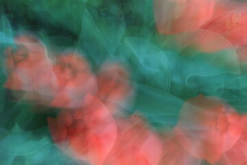 Out of focus. Red tulip flowers on a green background. Top view. Motion blur. Abstract background