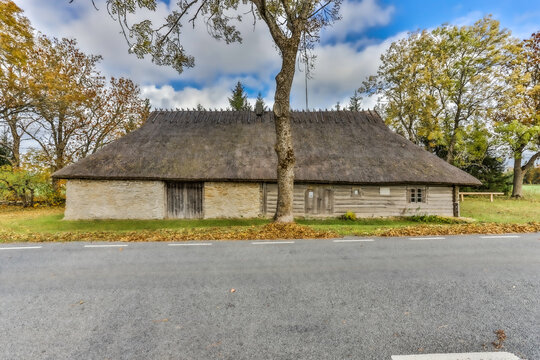 Historic tavern building in autumn colors