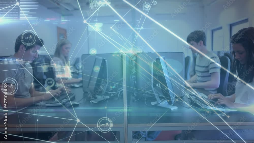 Poster animation of data processing over diverse group of students using computers
