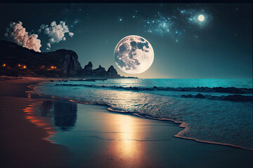 A beach with full moon