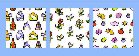 Fototapeta na wymiar Set of fun colorful line doodle seamless pattern. Creative art collection for children or festive celebration design. Simple childish scribble wallpaper print texture bundle. Star, vase, flower, cloud