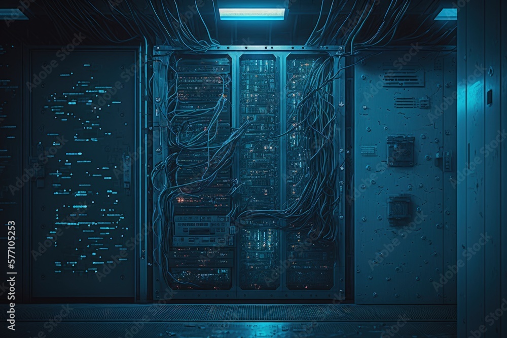 Wall mural A gloomy server room filled with blue hardware for big data processing. Generative AI