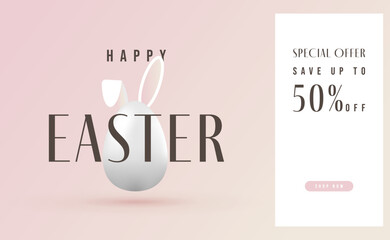 Sale banner, happy easter poster with cute egg bunny design, 3d vector illustration