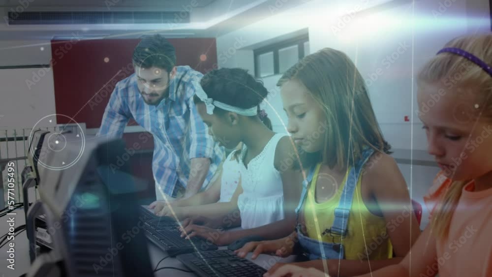 Poster animation of data processing over diverse group of schoolchildren with teacher using computers