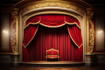 An empty stage with red curtain and golden chair. Generative AI.