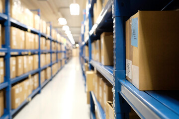 Row of packages and boxes inside a distribution warehouse with selective focus on the foreground