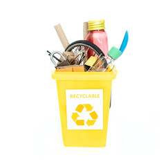 The concept of waste classification for recycling. Yellow bin for recyclable waste isolated on...