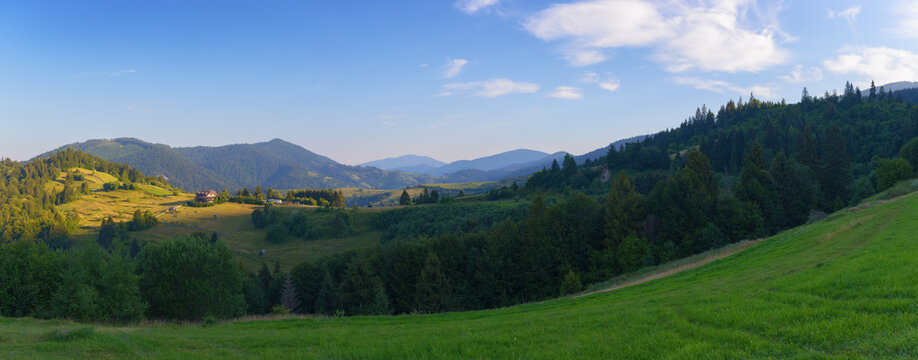 panoramic view of the rural mountain landscape at sunrise. lush greenery and natural beauty of the carpathians create a sense of serenity. wonderful countryside in summer