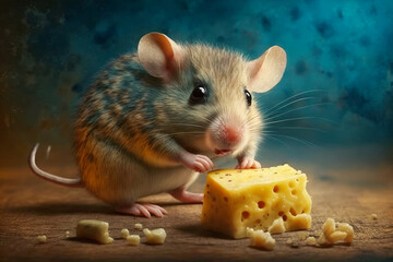 Mouse eating cheese on wooden table. Generative AI.