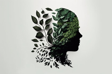 Generative AI illustration of female profile with green leaves