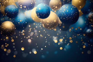 Fototapeta na wymiar Gold and blue christmas balls on dark background. Generative AI.