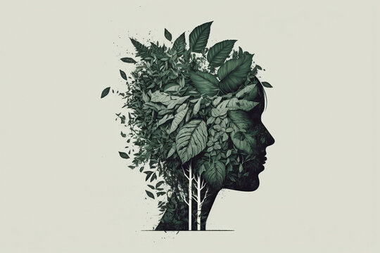 Generative AI illustration of female profile with green leaves