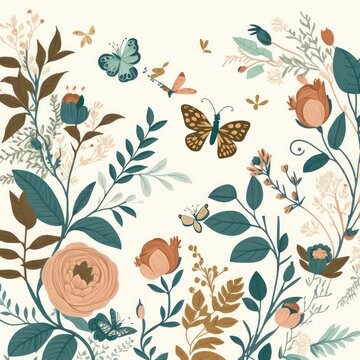 Beautiful butterflies with vines flowers in drawing art style. Generative AI.