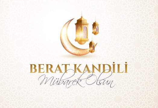 Berat Kandili, vector banner Berat Kandiliniz Kutlu Olsun Muslim holiday, feast. Translation: berat Kandil is one of the five Islamic holy nights