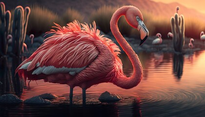 Flamingo standing in a lake, generative AI