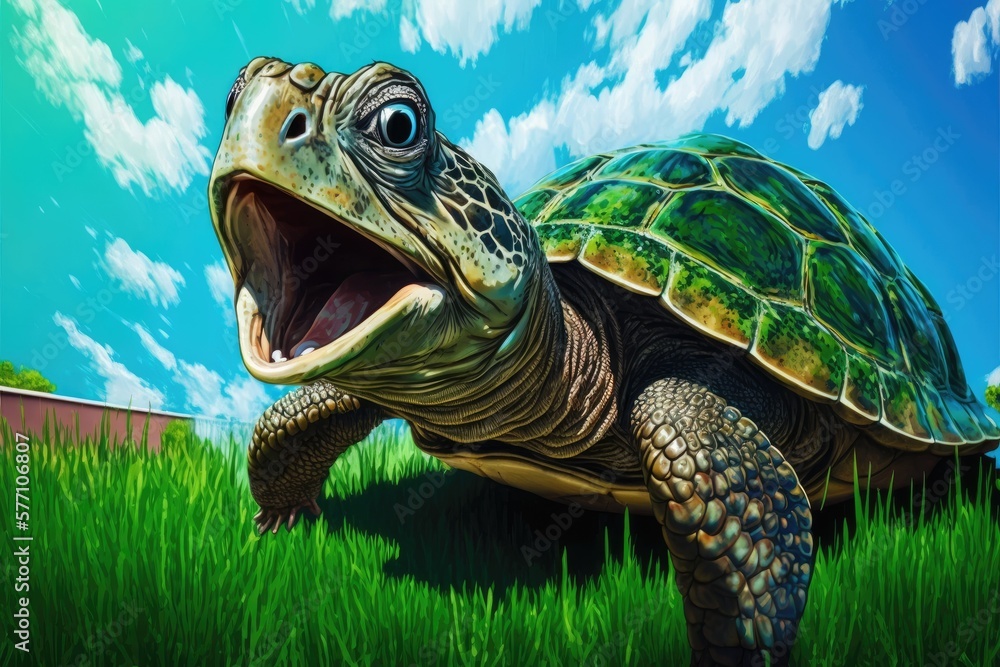 Poster images of a turtle's open mouth on a green grass background are seen up close. the garden turtle fee