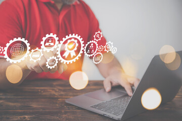 Businessman touching screen virtual on certificate icon with business icons. ISO standards quality control concept, assurance warranty.